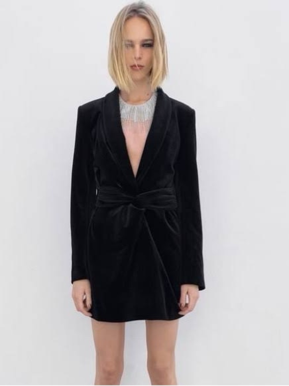 Zara Black Velvet Wrap Dress with Knotted Belt